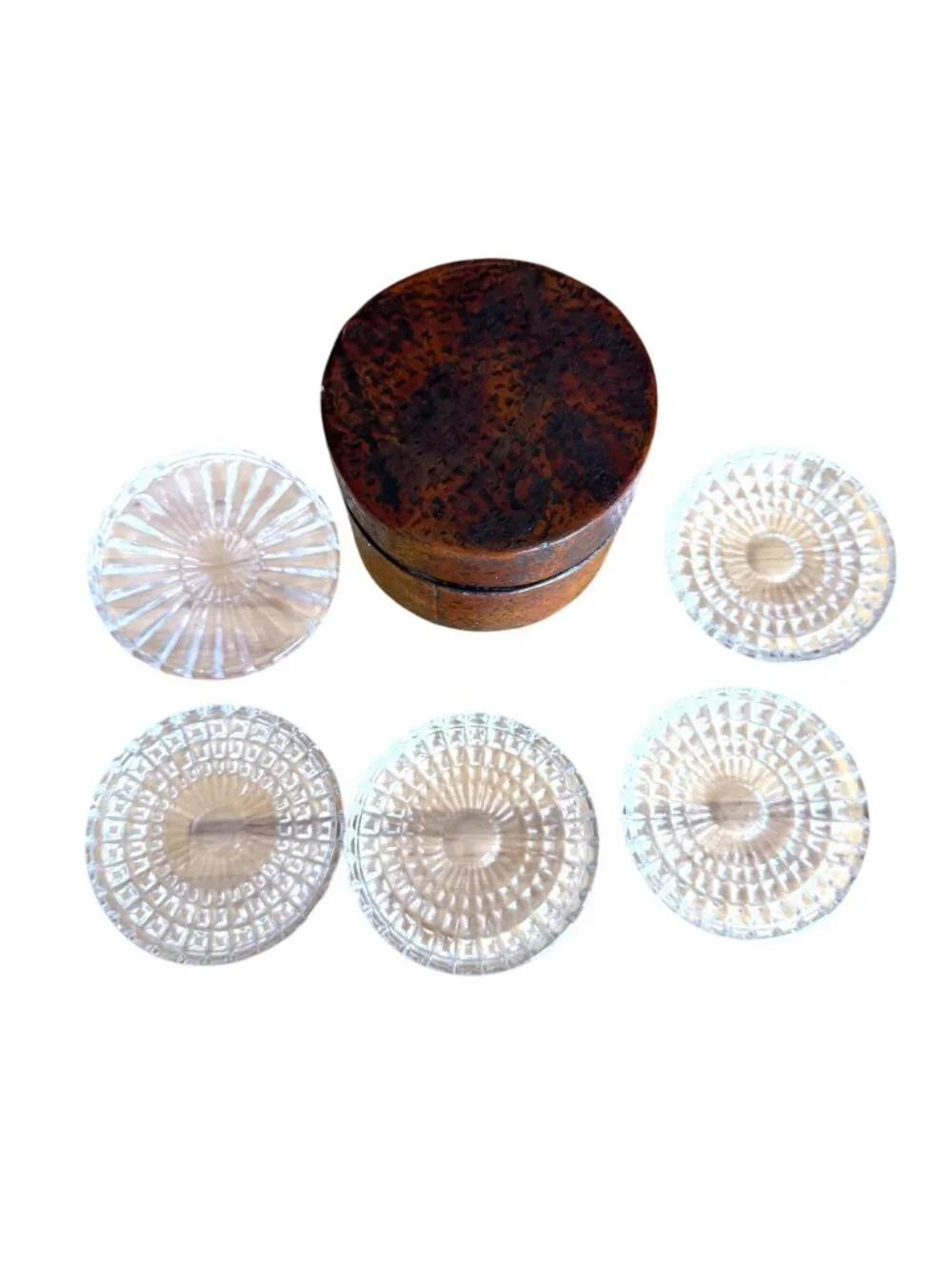 Jim Marvin Collection Clear Glass Coasters VTG MCM Set 5 Round Crystal Cut Box